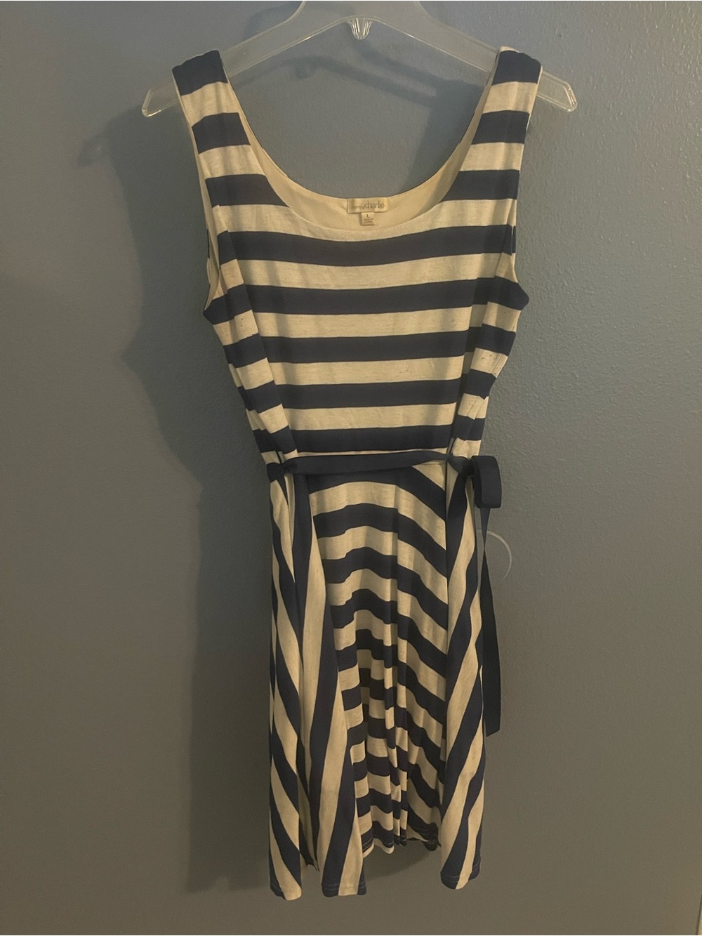 Charming Charlie Navy and White Striped Midi Dress with Belt